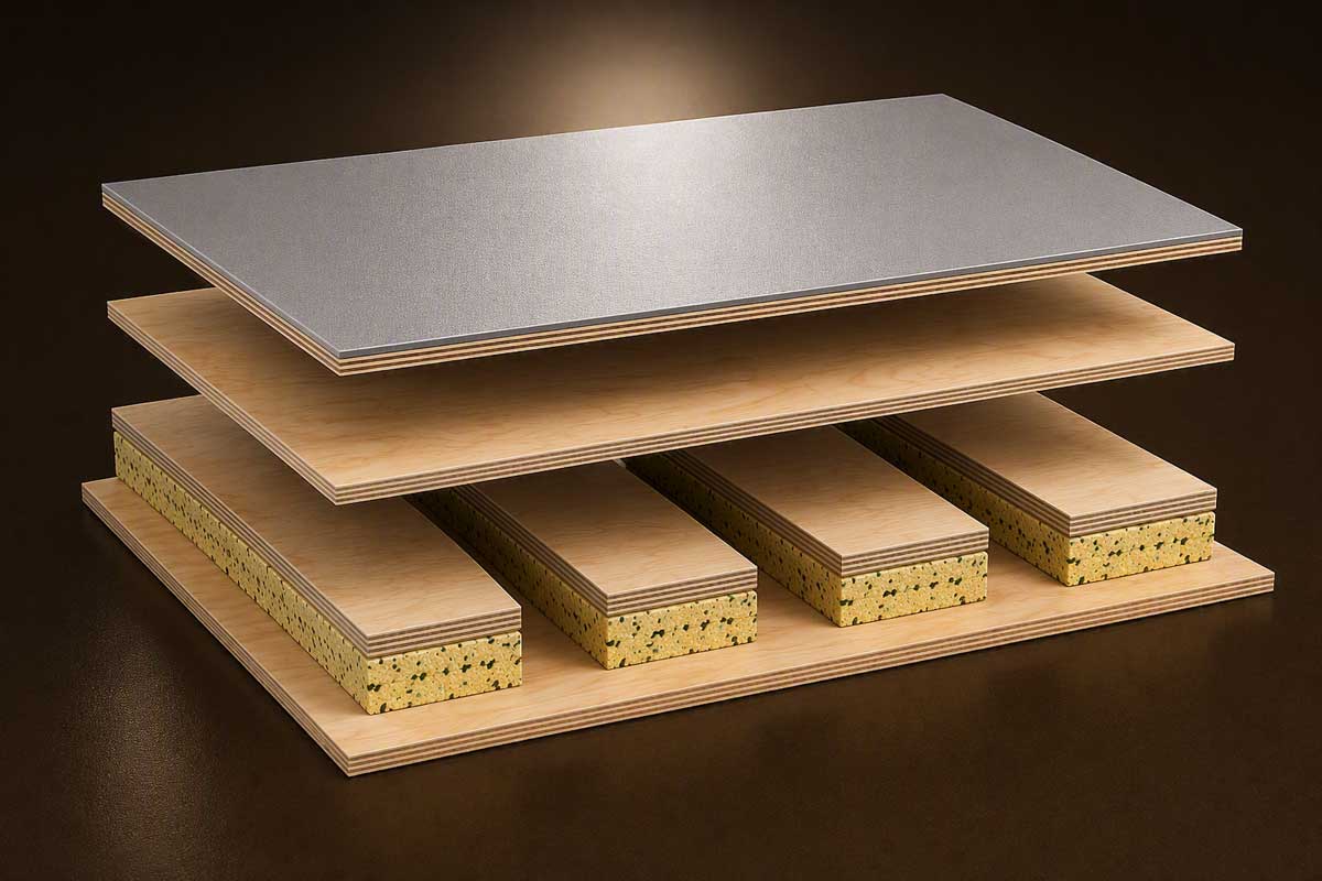 Exploded view of the L-Evate Premium sprung dance floor system showing layered construction with elastomer pads for superior shock absorption, resilience and performance