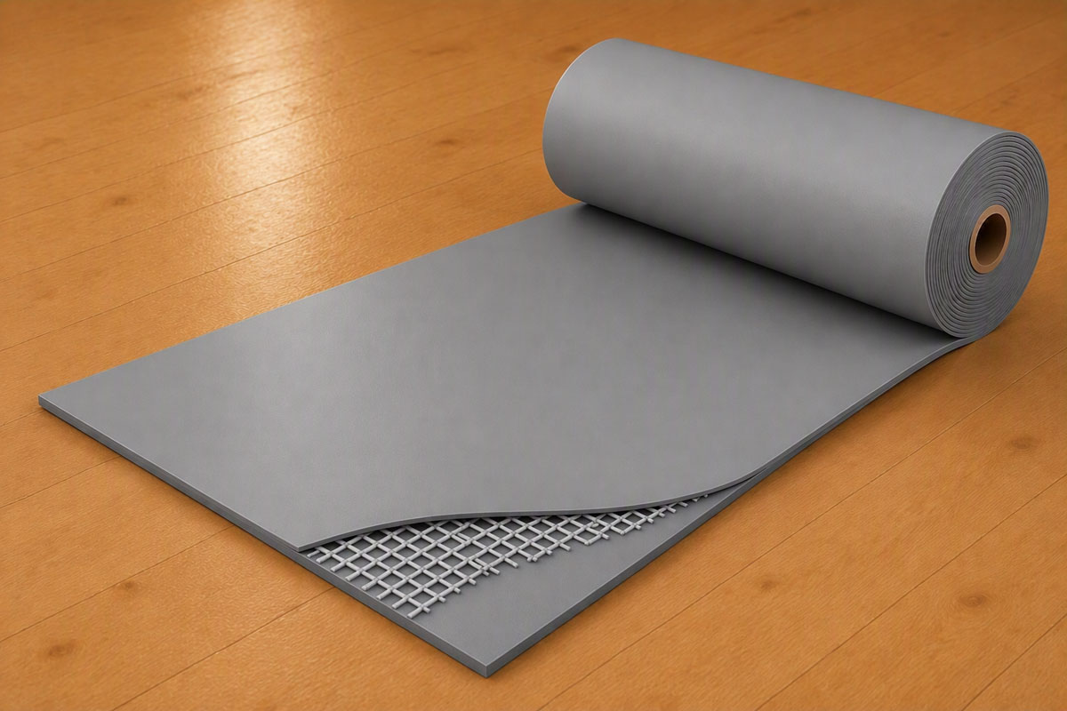 Roll of Robbins Precision Marley vinyl dance flooring with reinforced backing shown partially unrolled