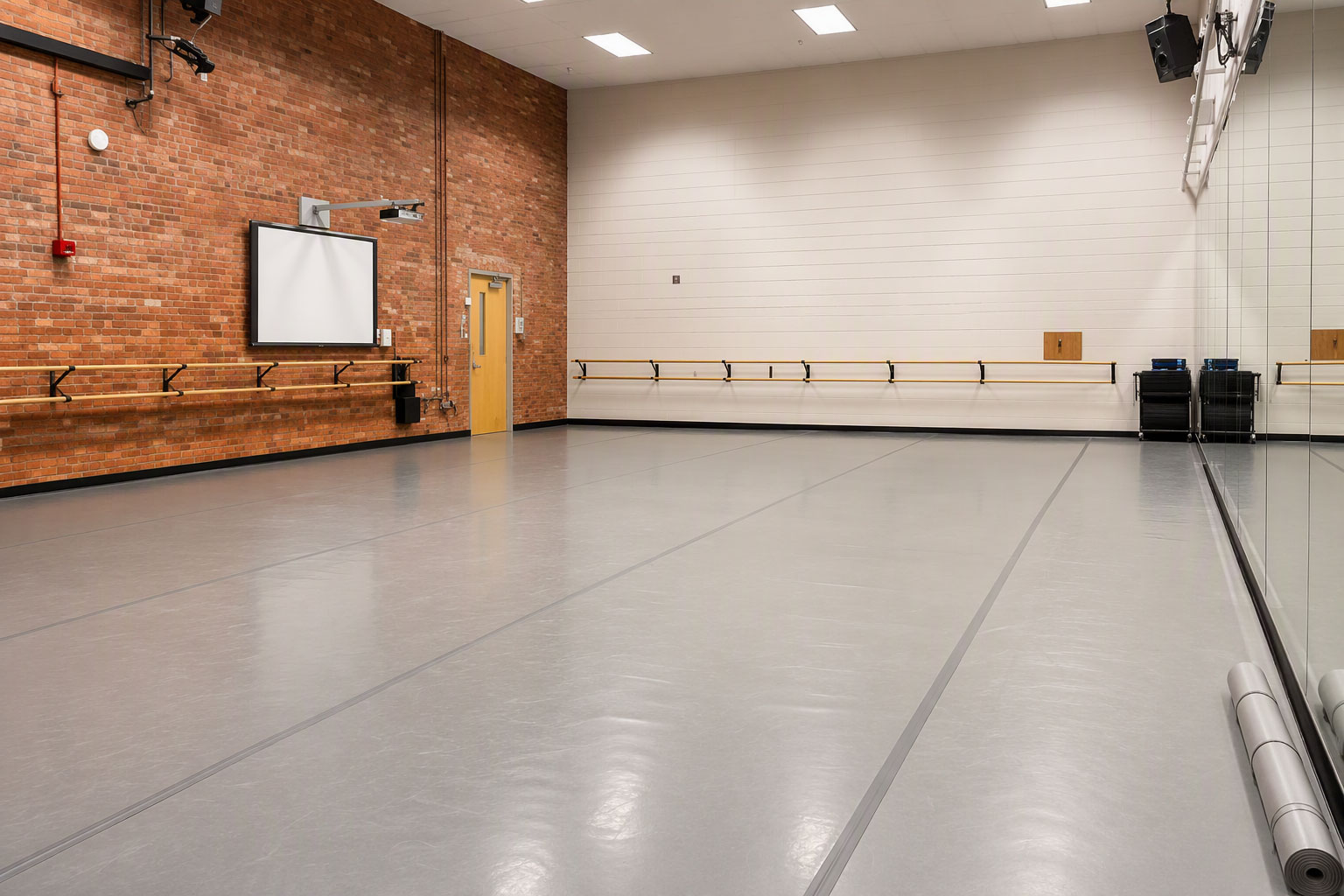 Professional dance studio featuring a Robbins L-Evate™ Premium sprung dance floor with mirrored wall and ballet barres