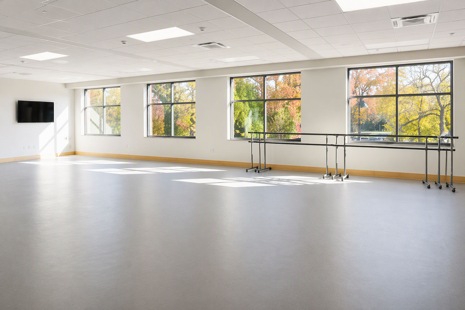 Bright dance studio featuring a Robbins L-Evate™ Premium sprung dance floor with ballet barres and natural daylight