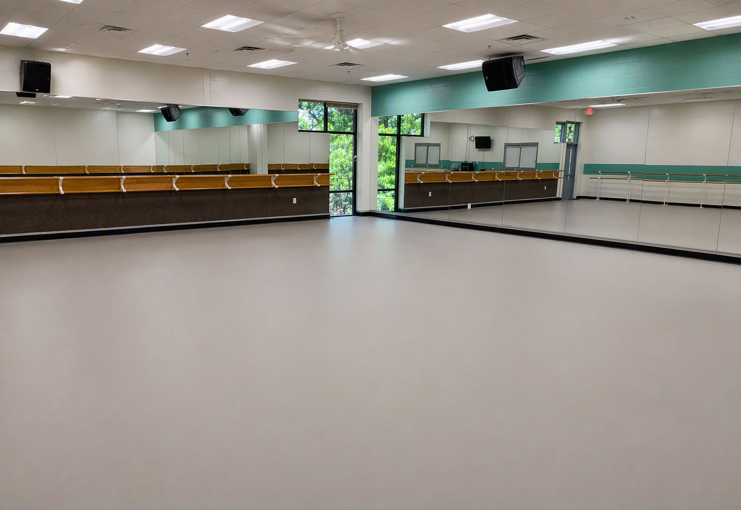 Dance studio with Universal Marley flooring, ballet barres and mirrored walls